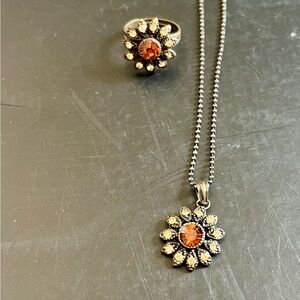 Floral Bronze Amber & Citrine Jewelry Necklace & Ring Set